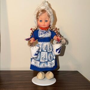 Vintage Dutch Doll in Blue Dress with Wooden Clogs + Free Stand